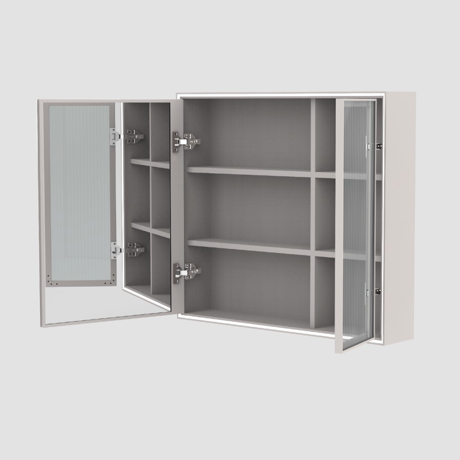 Double Door Beige Bathroom Mirror Cabinet with Lights Demister & Shaver Socket - Sidra