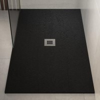 GRADE A1 - 1700x800mm Rectangular Shower Tray with Grate - Black Stone Resin Slate Effect - Sileti