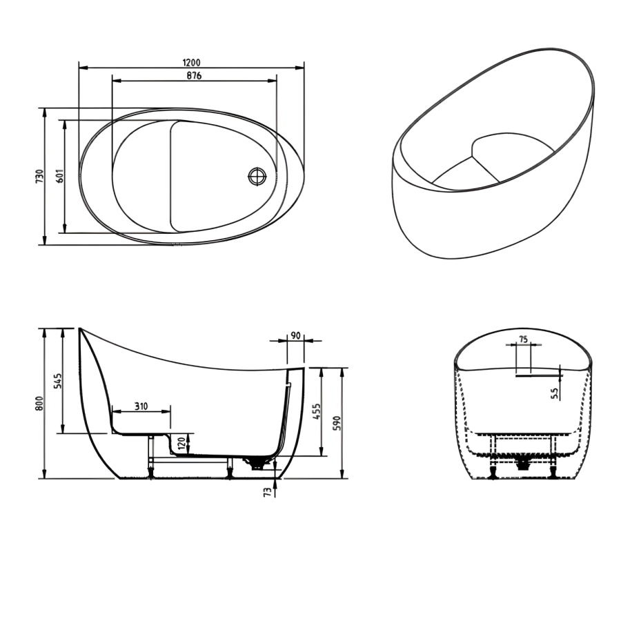 Freestanding Japanese Soaking Deep Slipper Bath With Seat 1200 x 730mm - Sosa