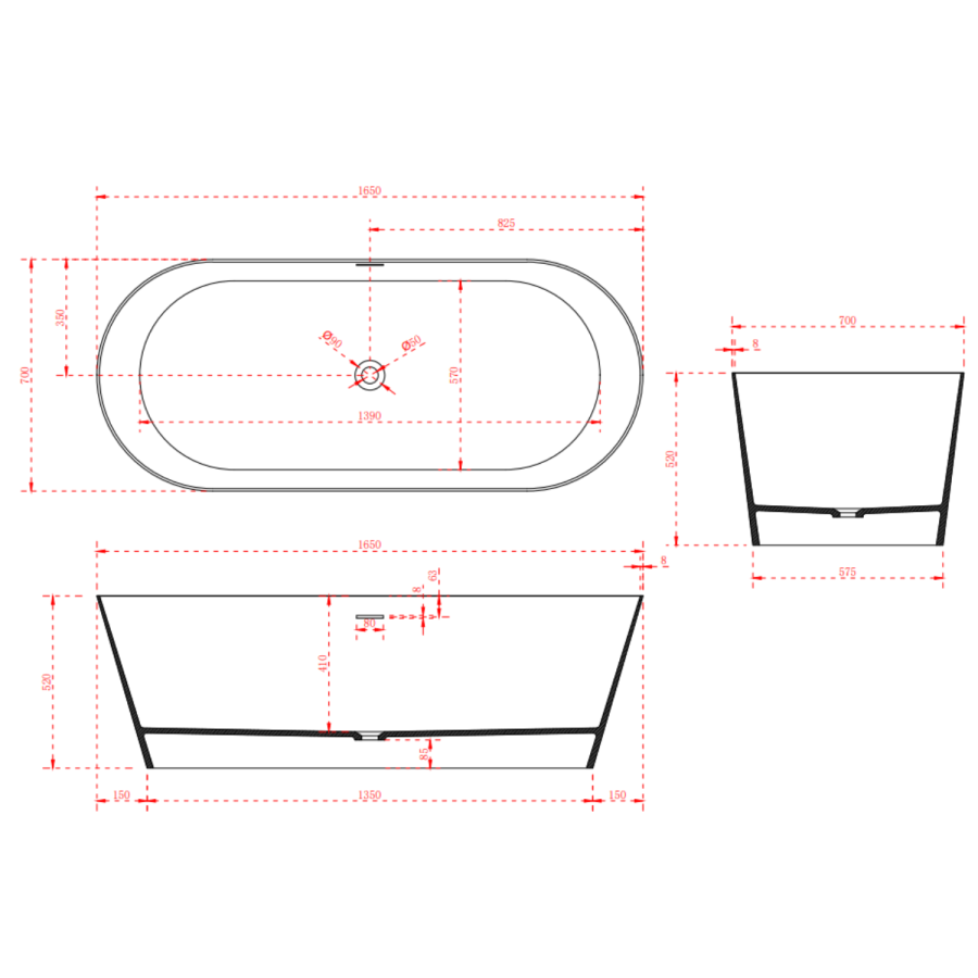 Freestanding Double Ended Stone Resin Solid Surface Bath 1650 x 750mm - Monaco