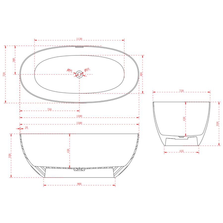 Freestanding Double Ended Stone Resin Solid Surface Bath 1500 x 720mm - Opal