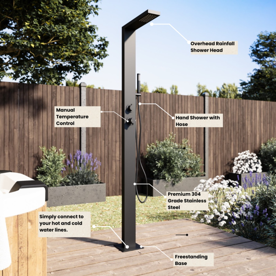 Black Thermostatic Mixer Outdoor Shower with Pencil Hand Shower 2 Outlets - Suva