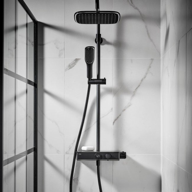 Triton Black Push Button Thermostatic Mixer Bar Shower with Square Overhead & Hand Shower