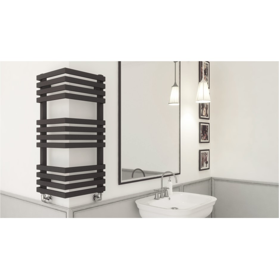 Metallic Black Bathroom Towel Radiator fits on an External Corner 735 x 300mm Better Bathrooms