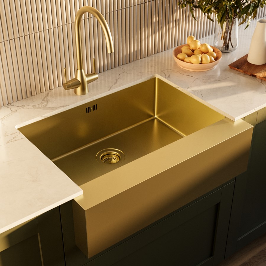 Single Bowl Undermount Brushed Brass Belfast Stainless Steel Kitchen Sink - Enza Tamara