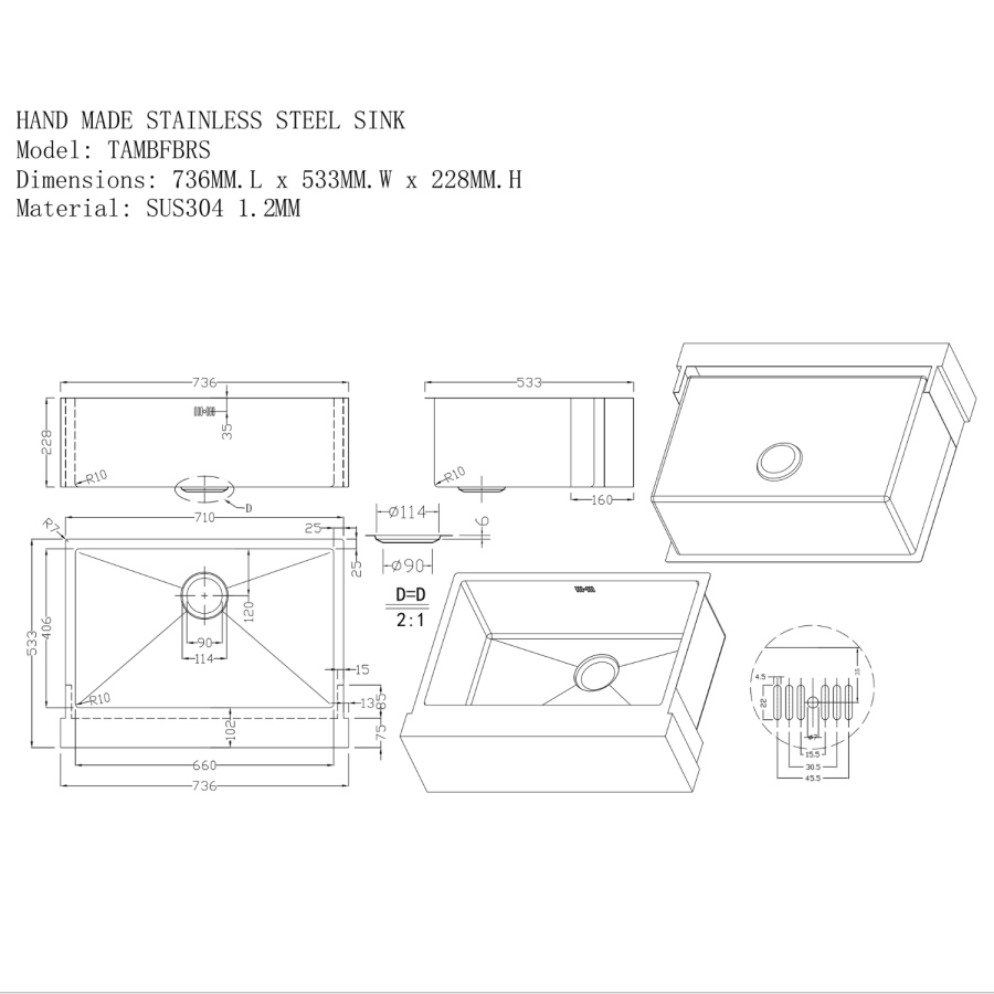 Single Bowl Undermount Brushed Brass Belfast Stainless Steel Kitchen Sink - Enza Tamara