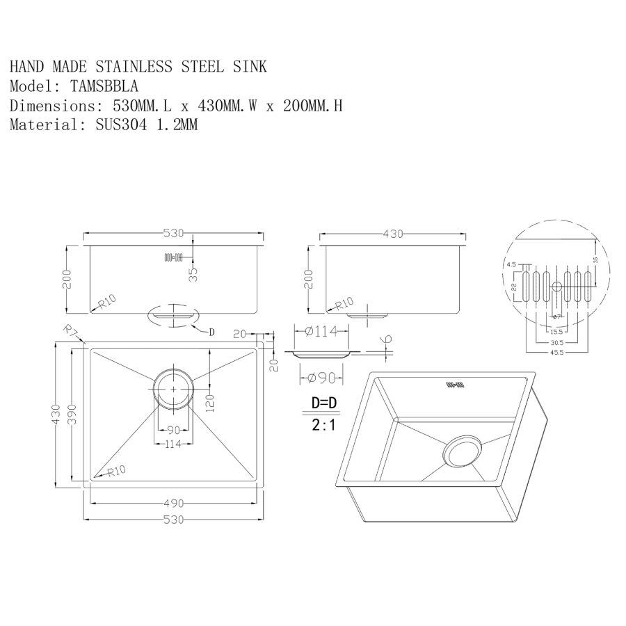 Single Bowl Copper Undermount Stainless Steel Kitchen Sink - Enza