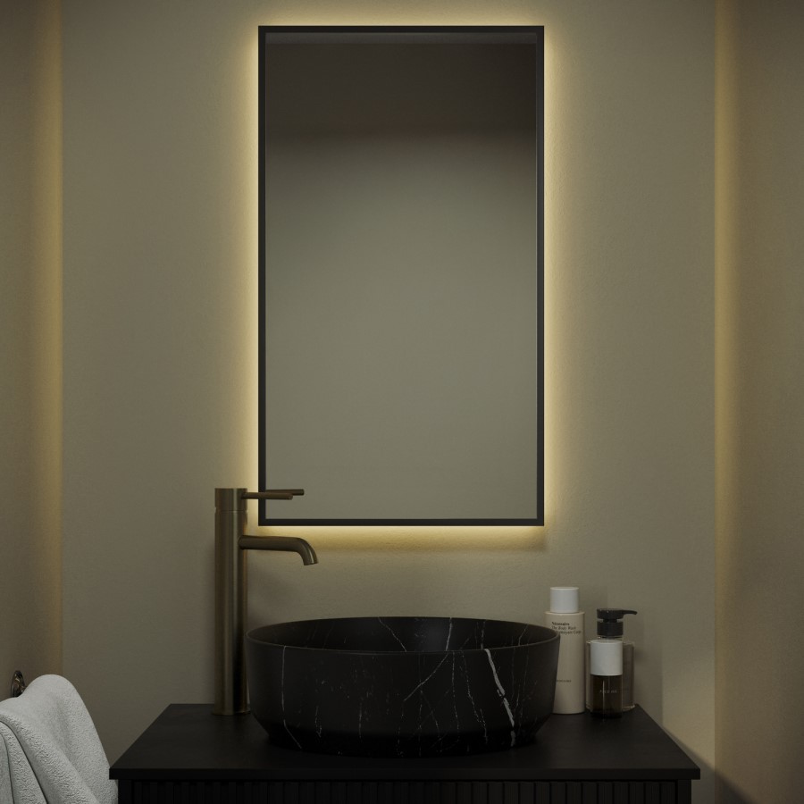 Rectangular Black Backlit Heated Bathroom Mirror with Lights 700 x 400mm - Taurus
