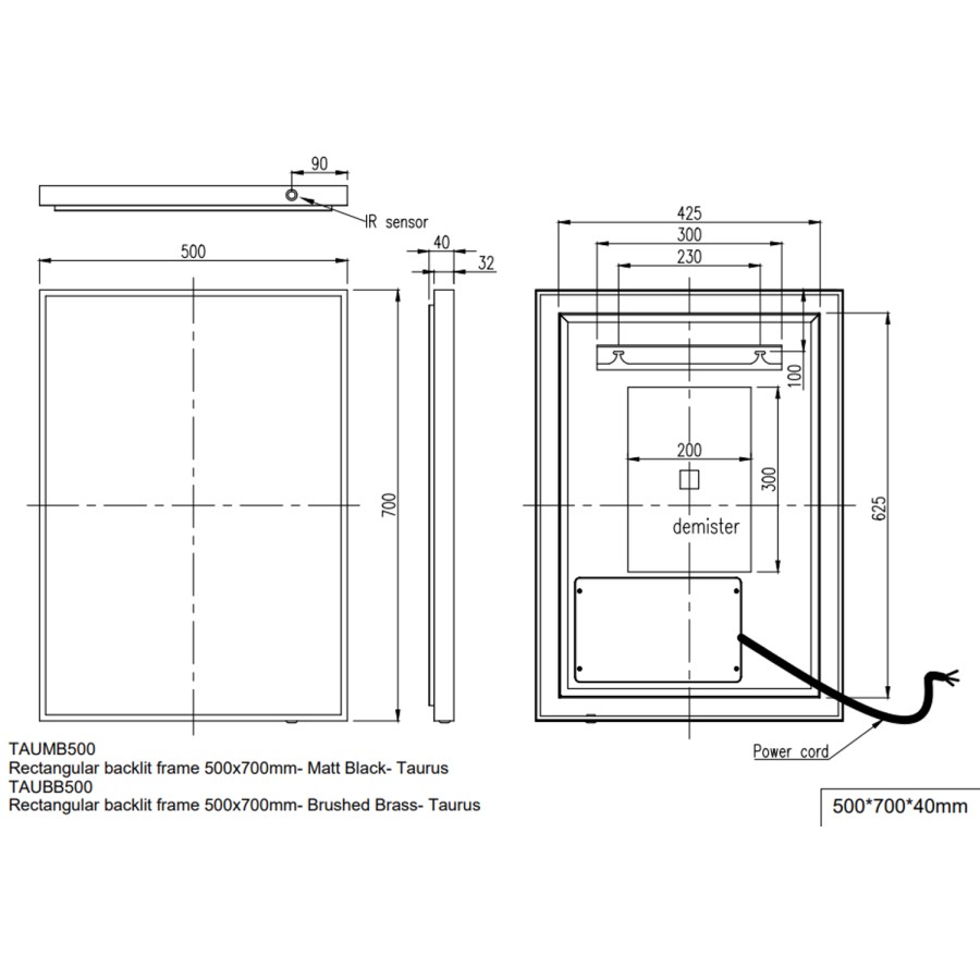 GRADE A1 - Rectangular Black Backlit LED Heated Bathroom Mirror 500 x 700mm -Taurus 