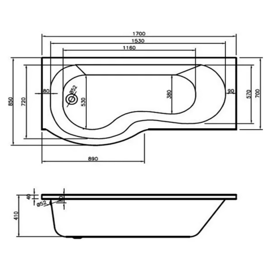 GRADE A1 Palham Right Hand P Shape Bath 1500 with Side Panel & Shower