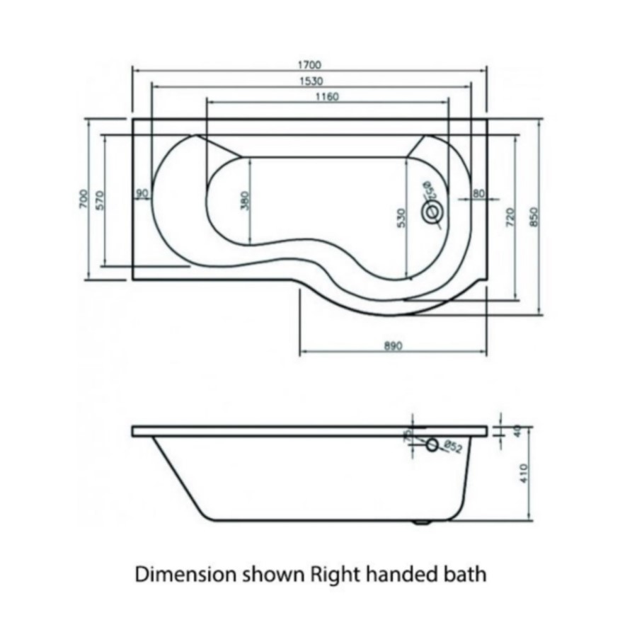 Palham Left Hand P Shape Bath with Side Panel & Shower Screen - 1700 x 700mm