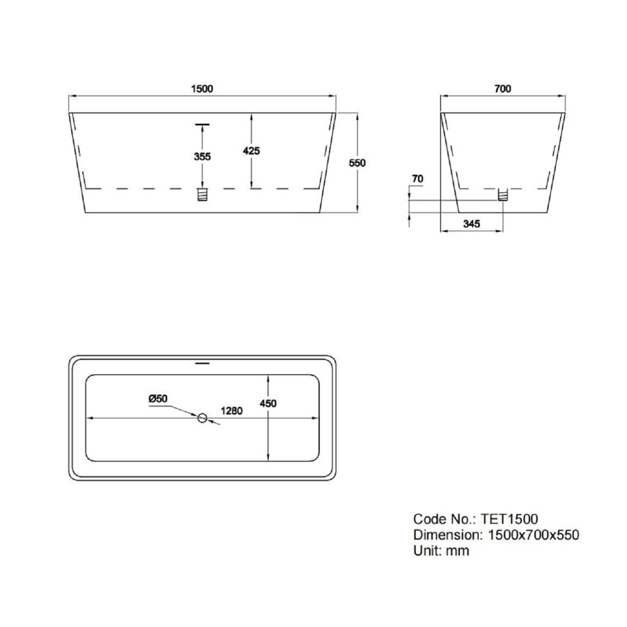 Freestanding Double Ended Bath 1500 x 700mm - Tetra