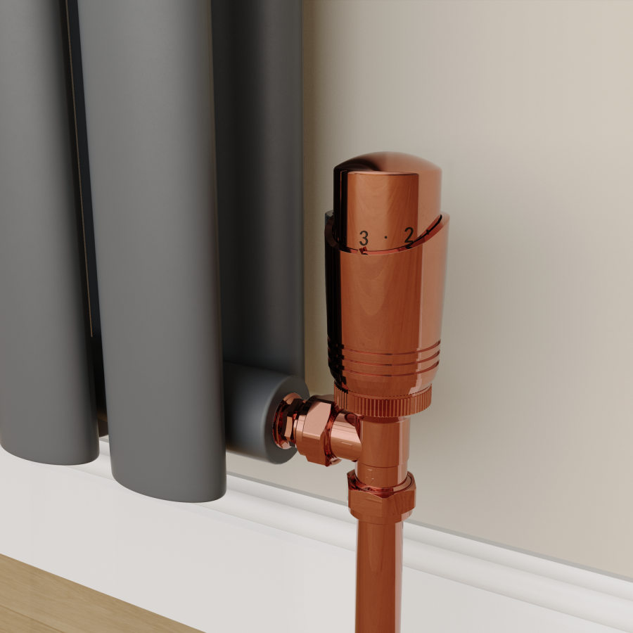 Elego Copper Modern TRV Angled Thermostatic Radiator Valves With Lockshield
