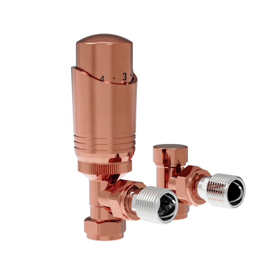 Elego Copper Modern TRV Angled Thermostatic Radiator Valves With Lockshield