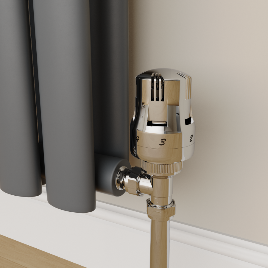 Elego Chrome Modern TRV Angled Thermostatic Radiator Valves With Lockshield