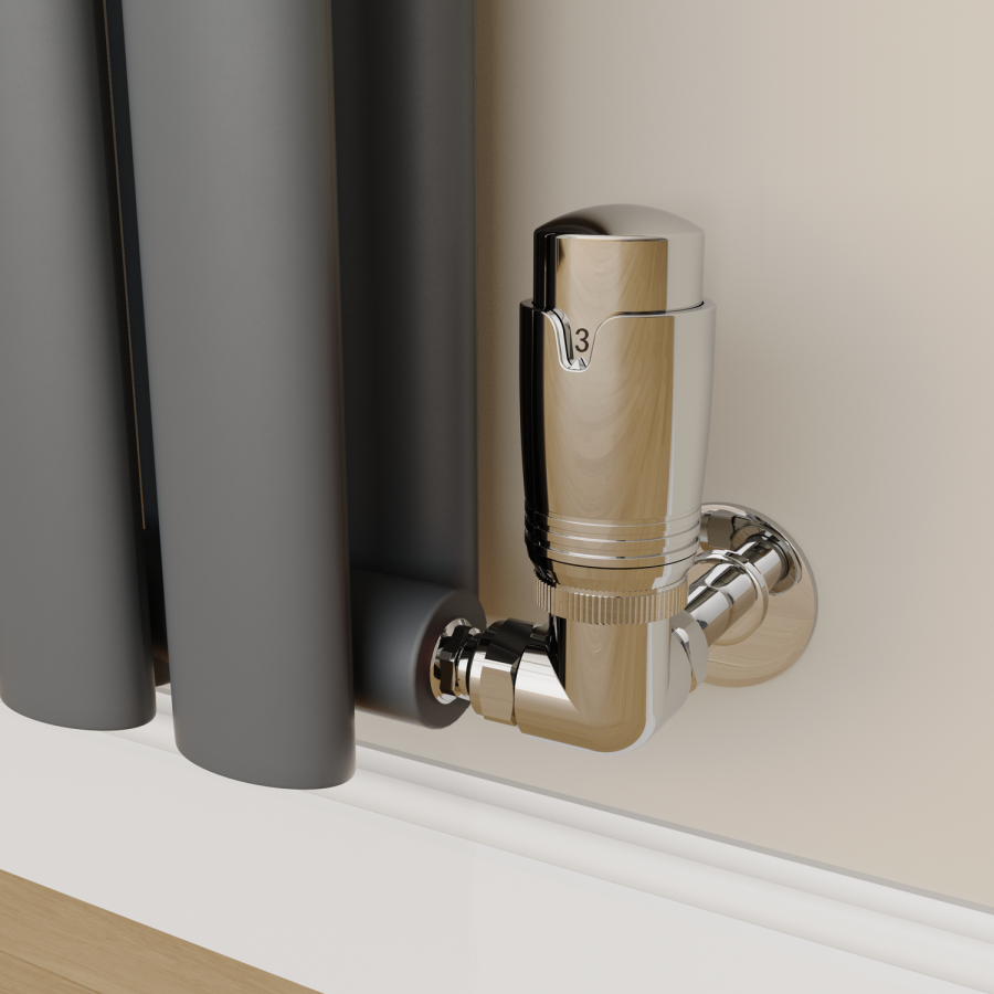 Elego Chrome Modern TRV Corner Thermostatic Radiator Valves With Lockshield