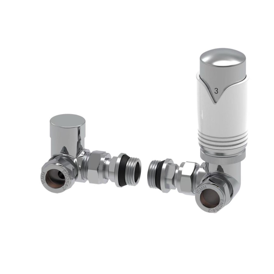 Elego Chrome & White Modern Corner Thermostatic Radiator Valve Set with Lockshield