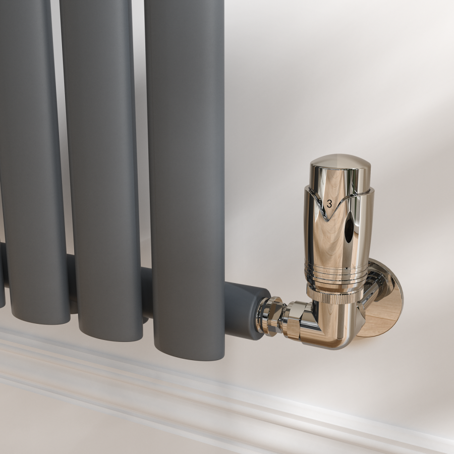 Elego Chrome Modern TRV Corner Thermostatic Radiator Valves With Lockshield