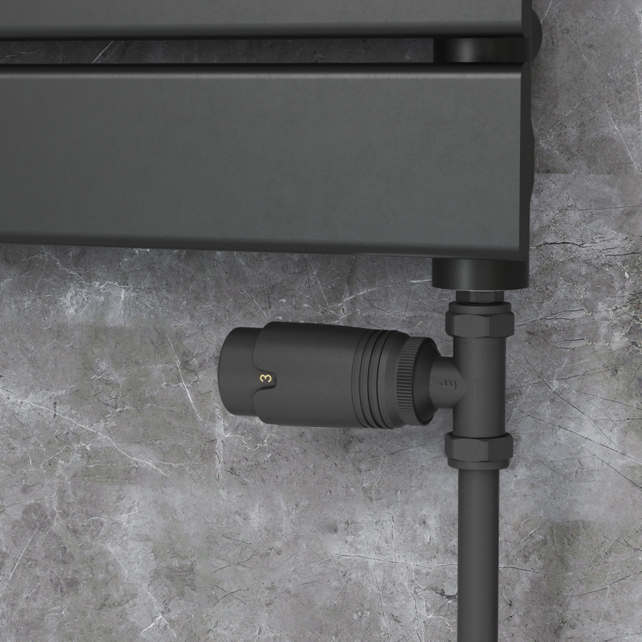 Elego Matte Black Modern TRV Straight Thermostatic Radiator Valves With Lockshield