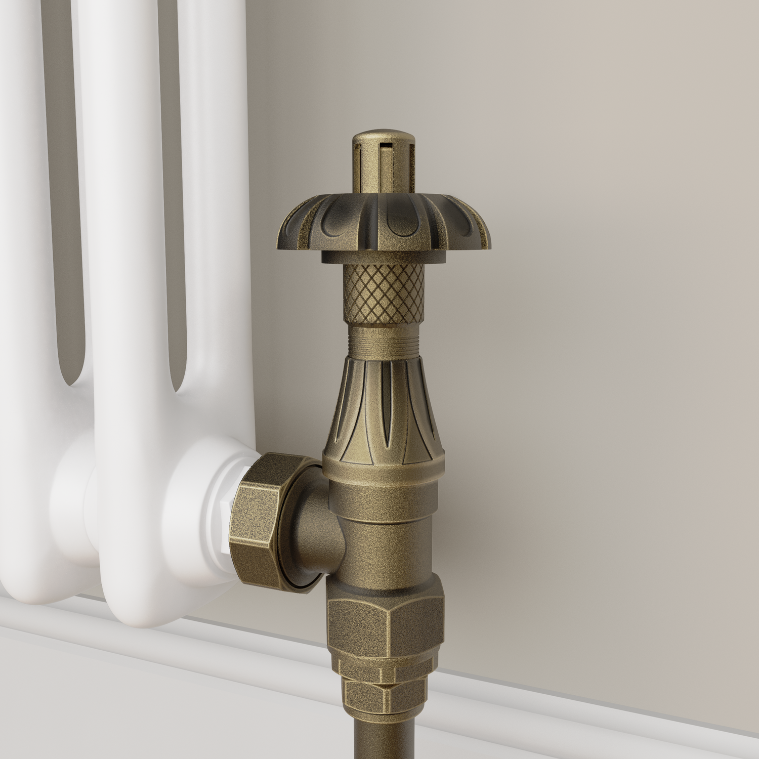 Maesta Brass Antique Traditional Trv Angled Thermostatic Radiator Valves With Lockshield