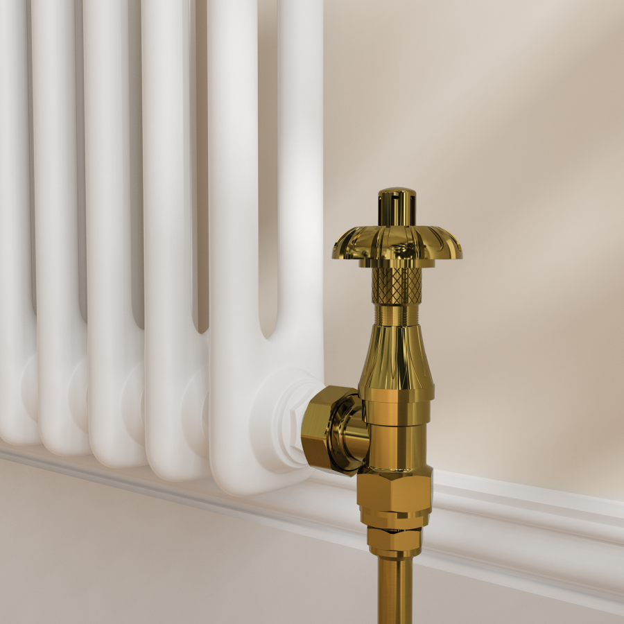 Maesta Brushed Brass Traditional TRV Angled Thermostatic Radiator Valves With Lockshield