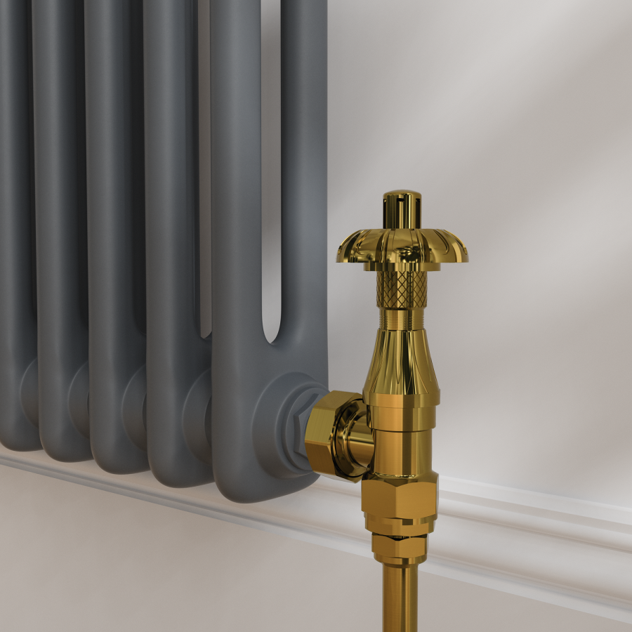Maesta Brushed Brass Traditional TRV Angled Thermostatic Radiator Valves With Lockshield