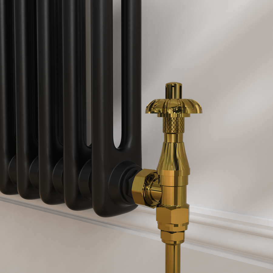 Maesta Brushed Brass Traditional TRV Angled Thermostatic Radiator Valves With Lockshield