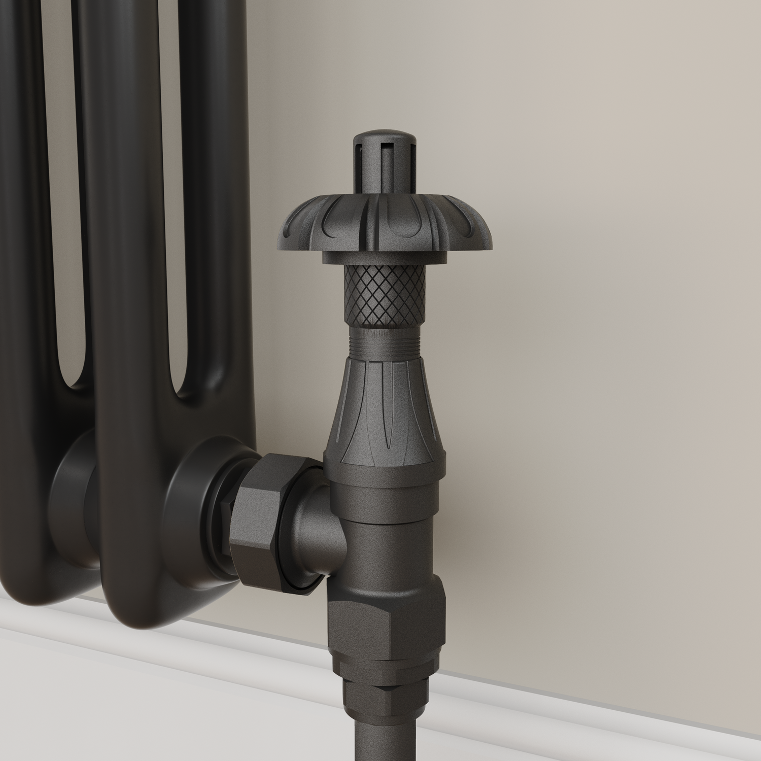 Maesta Black Matte Traditional Trv Angled Thermostatic Radiator Valves With Lockshield