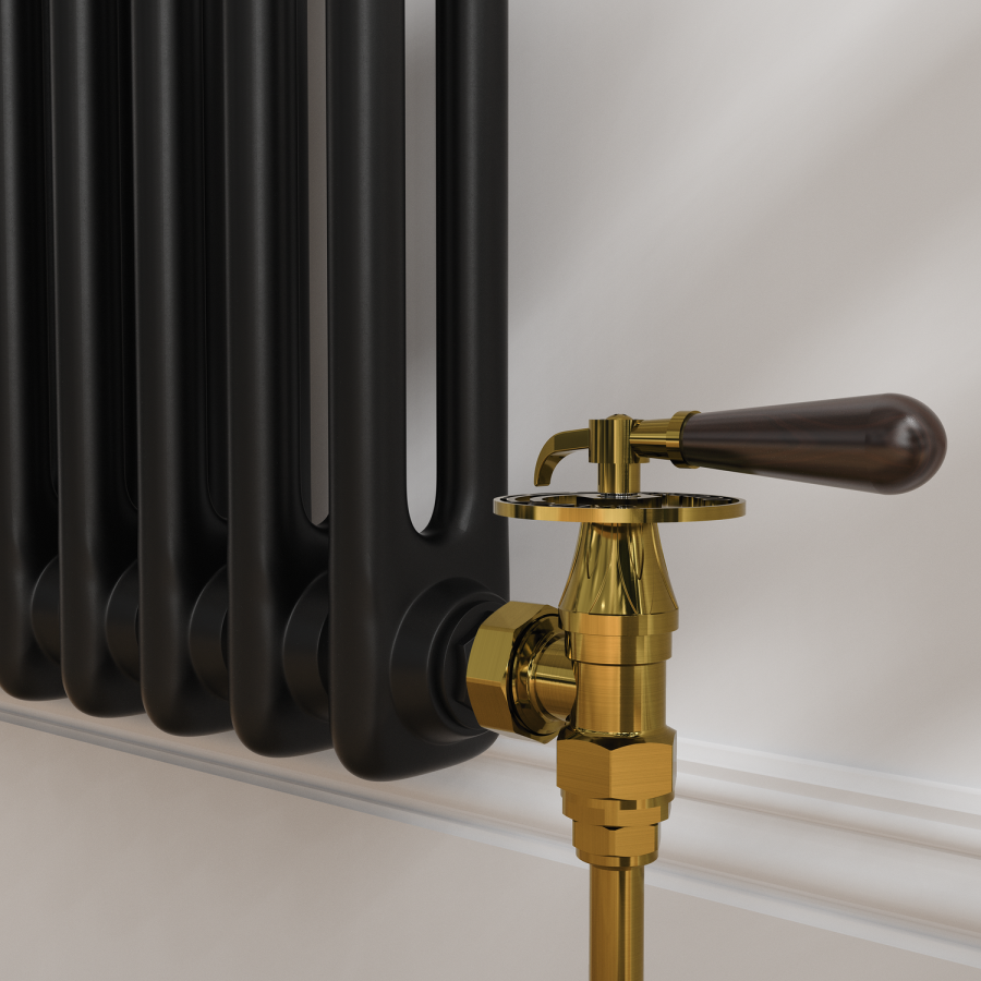 Maesta Brushed Brass Traditional TRV Angled Thermostatic Radiator Valves With Lockshield