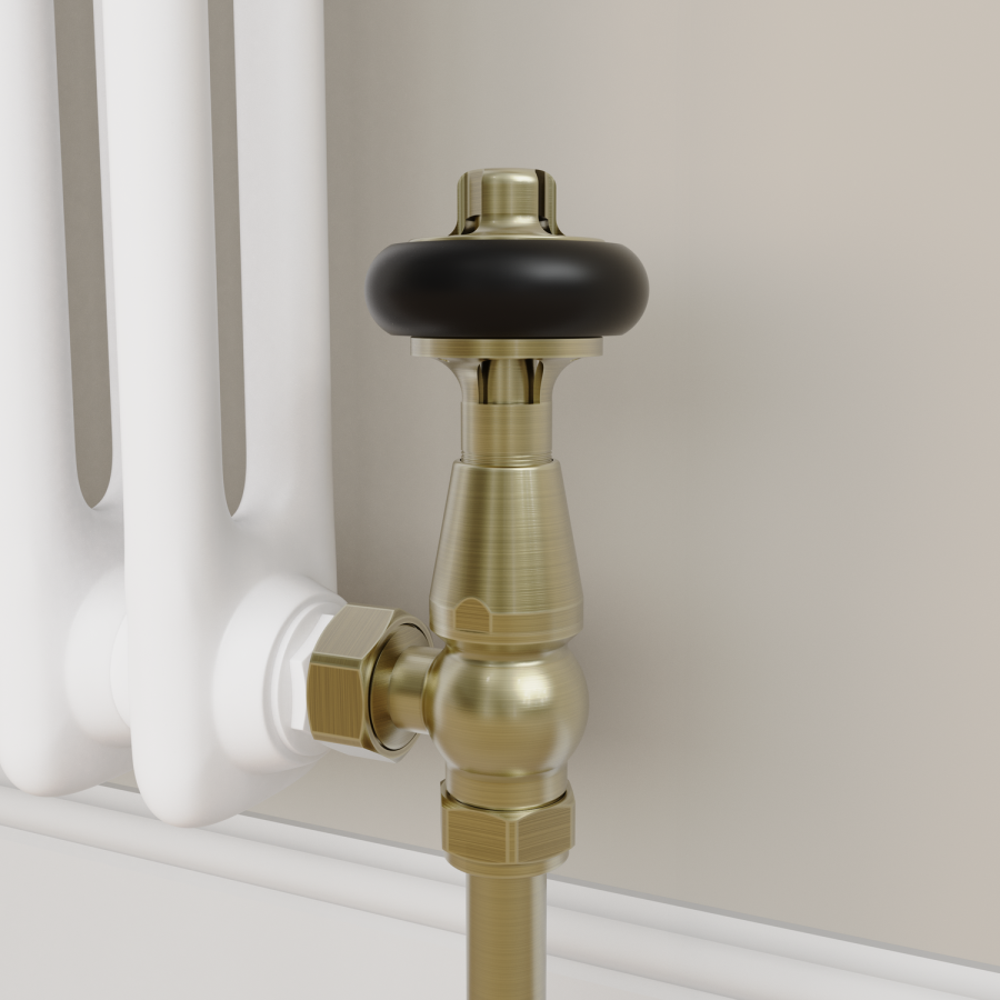 Maesta Antique Brass Traditional TRV Angled Thermostatic Radiator Valves With Lockshield