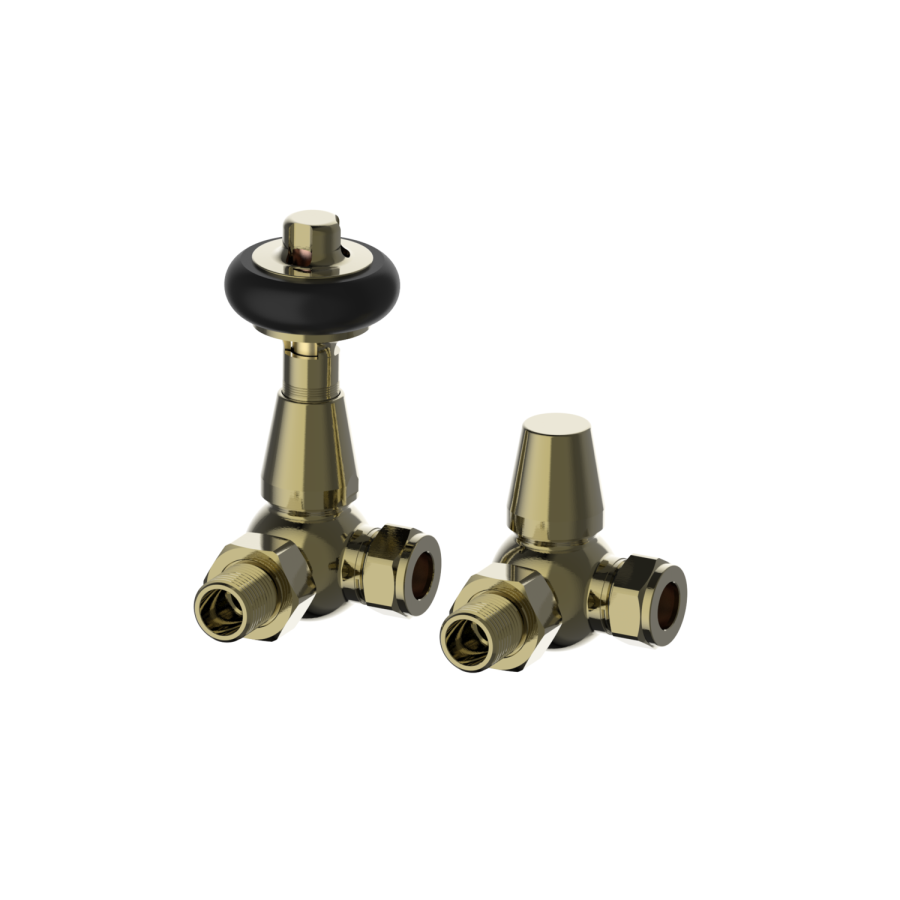 Maesta Antique Brass Traditional TRV Corner Thermostatic Radiator Valves With Lockshield