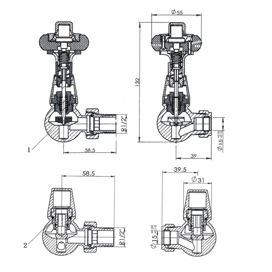 Maesta Antique Brass Traditional TRV Corner Thermostatic Radiator Valves With Lockshield