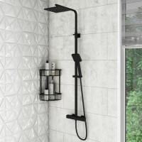 GRADE A1 - Black Square Thermostatic Mixer Shower Set with Exposed Valve - Zana