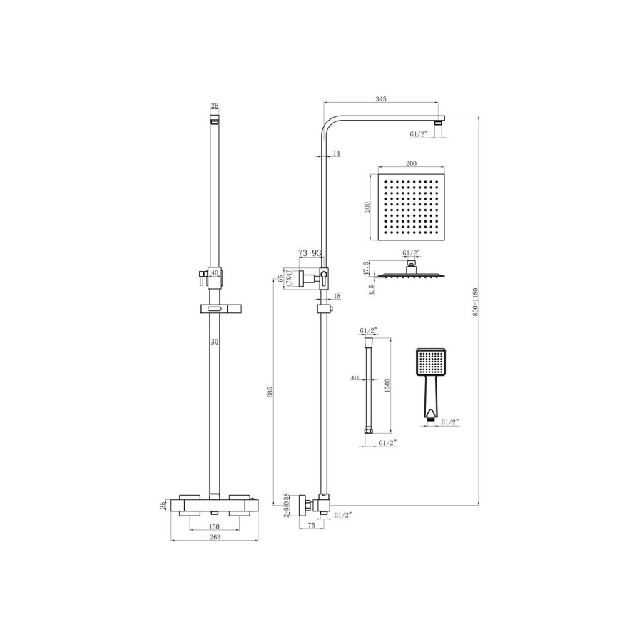 Black Square Thermostatic Mixer Shower Set with Exposed Valve - Zana