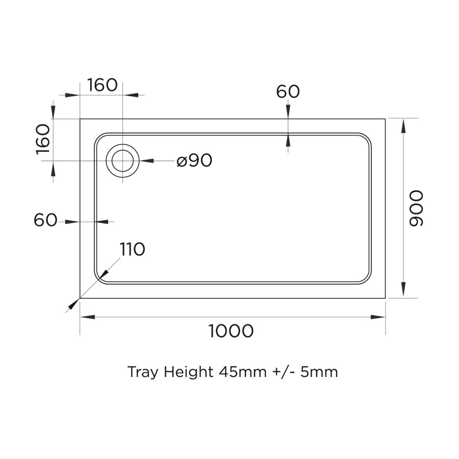 1000x900mm Rectangular Shower Tray – Low Profile 45mm – Stone Resin – White – Pearl