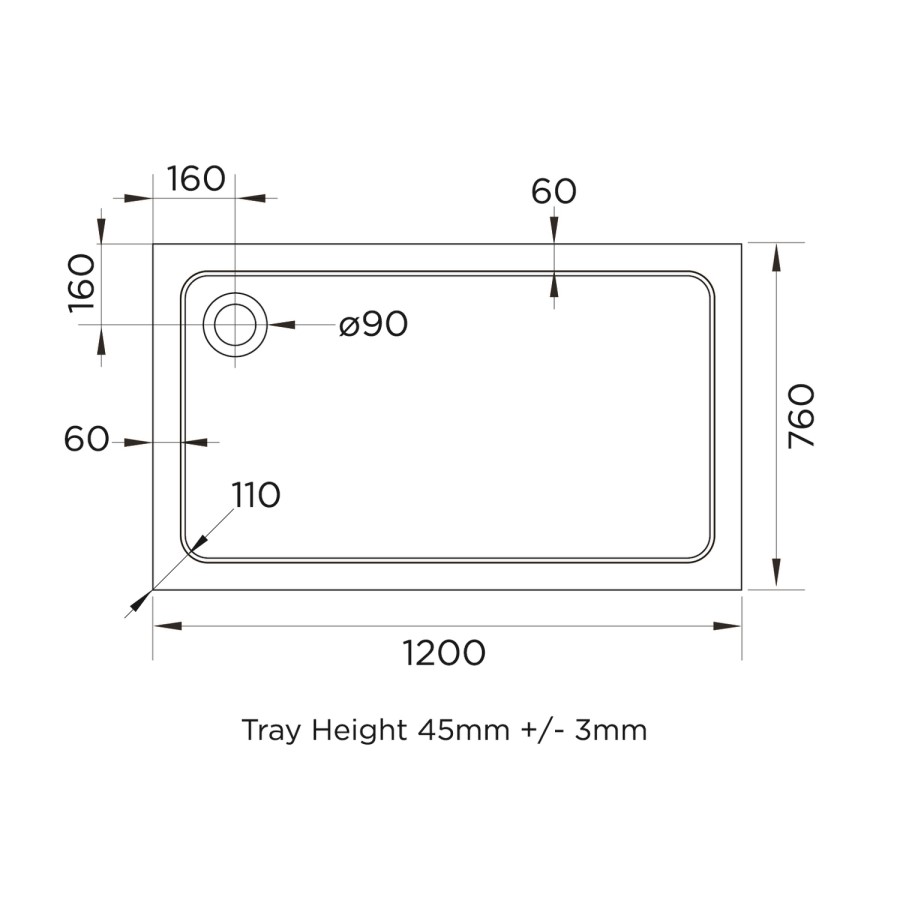 1200x760mm Rectangular Shower Tray 45mm - White Acrylic Stone Resin - Pearl