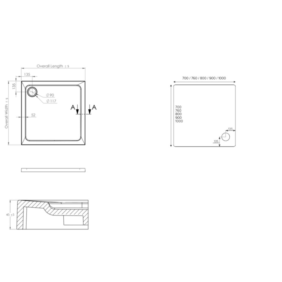 760x760mm Square Shower Tray – Low Profile 45mm – Stone Resin – White – Pearl