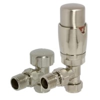Round Angled TRV and Lockshield Radiator Valves Brushed Nickel