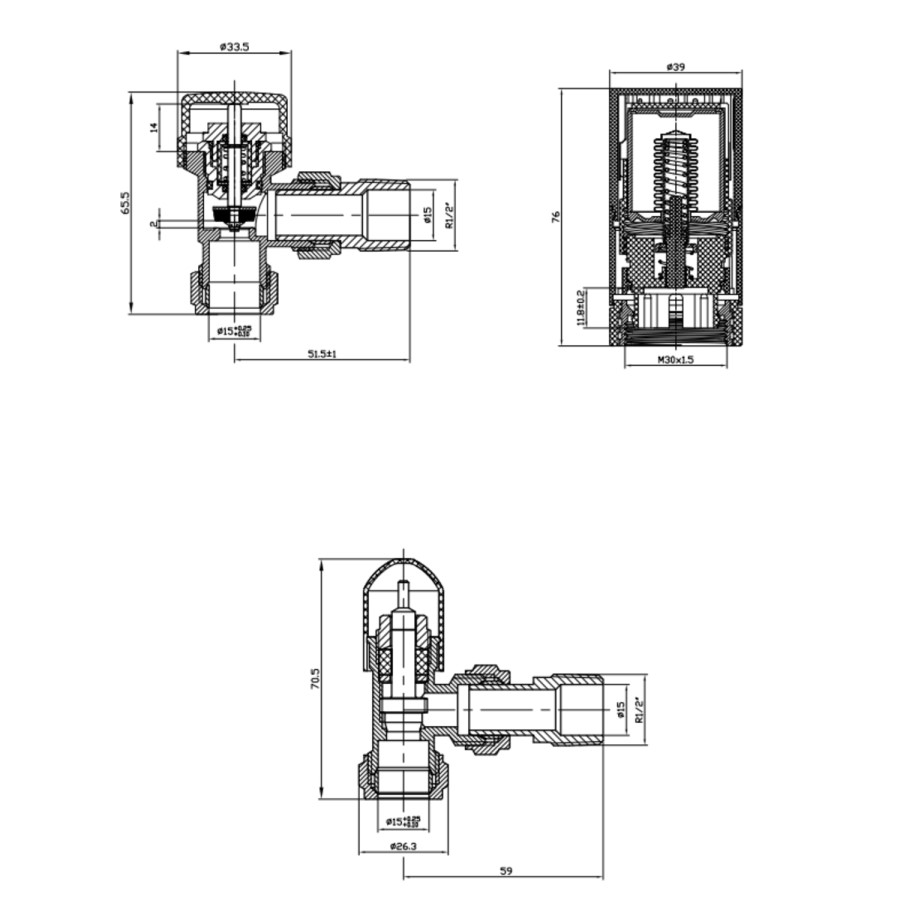Black Round Thermostatic Angled Radiator Valves with Lock Shield