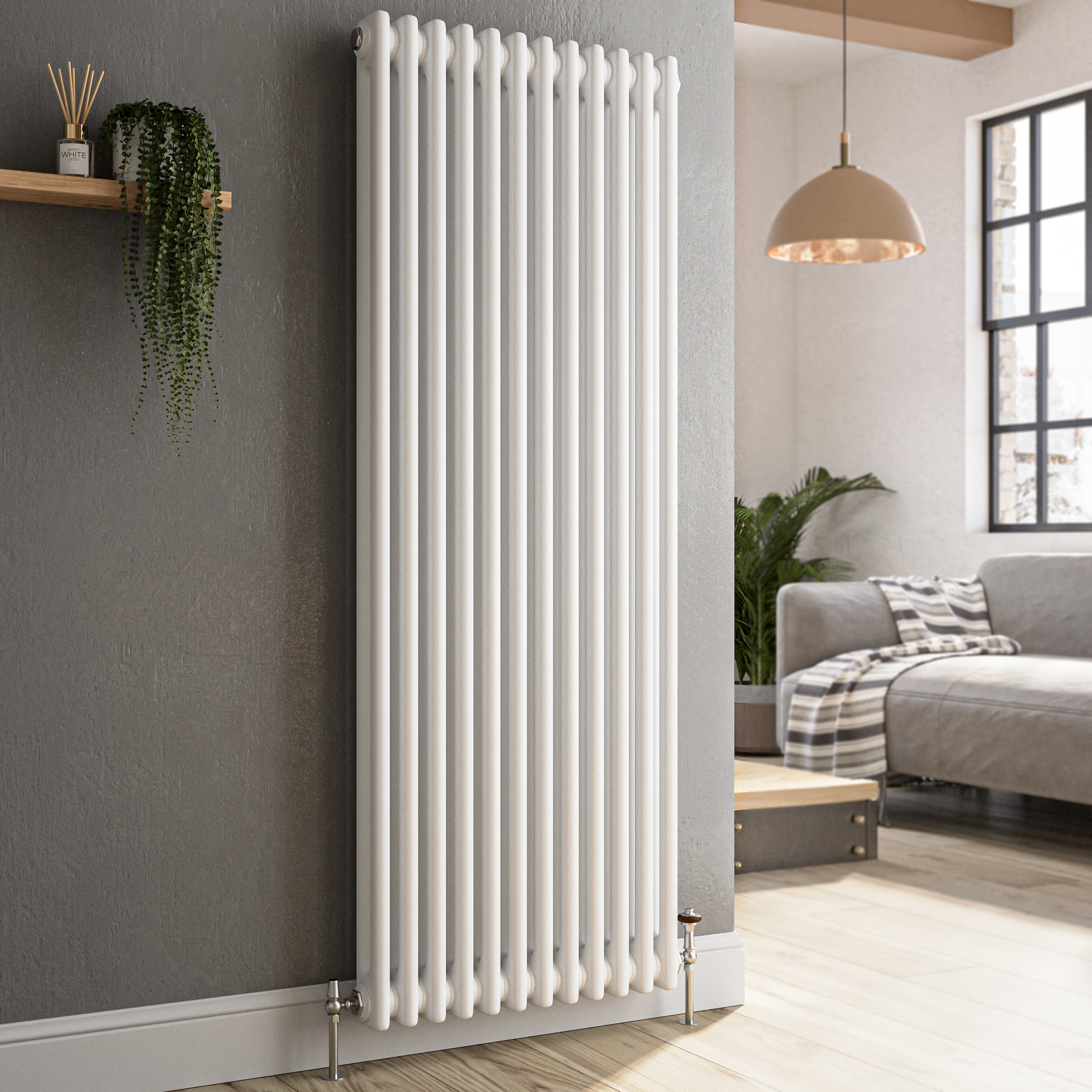 Reggio White Vertical Double Column Traditional Radiator 1500X560mm 4458 Btu - Cast Iron Style