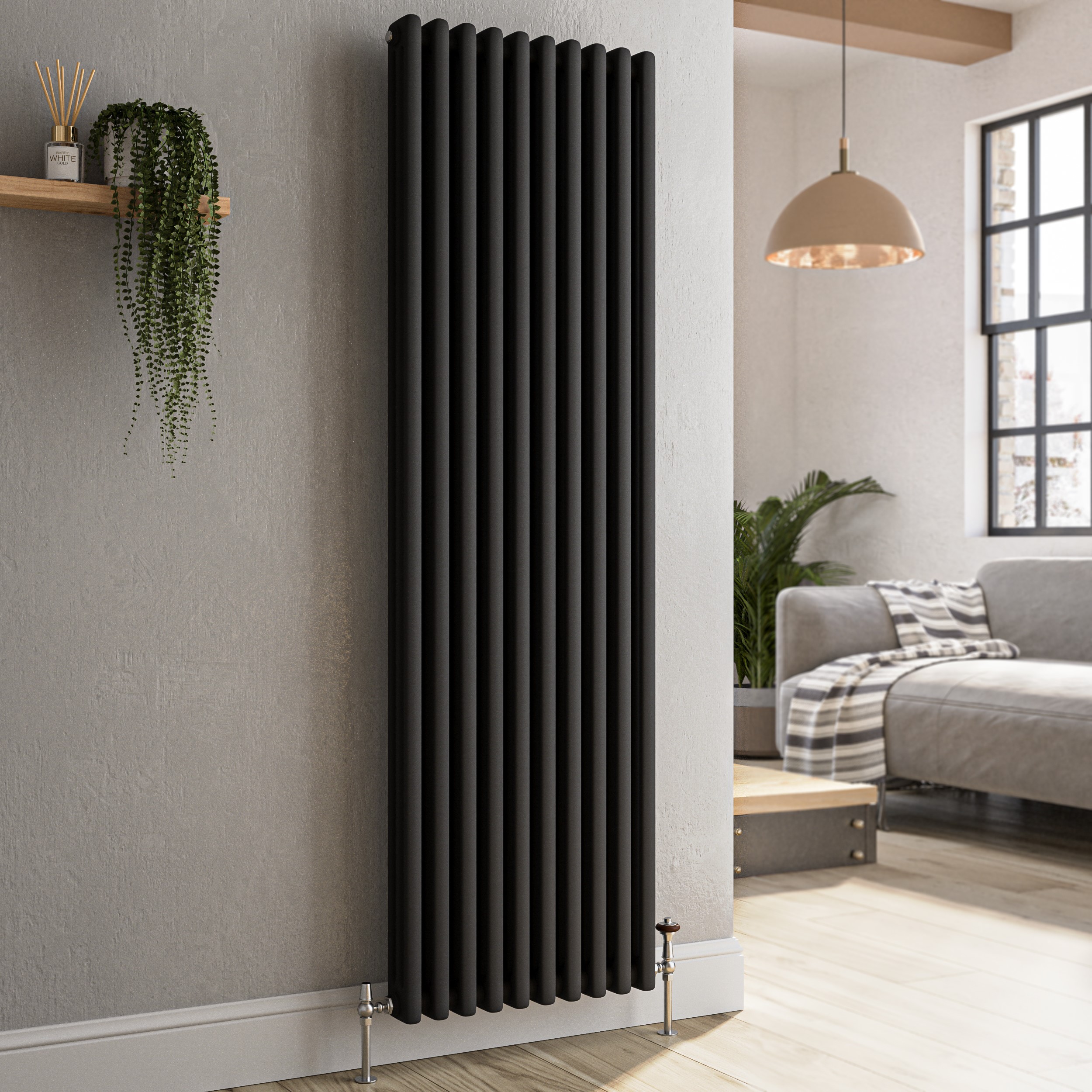 Reggio Midnight Black Vertical Triple Column Traditional Radiator 1500X470mm 4688 Btu - Cast Iron Style