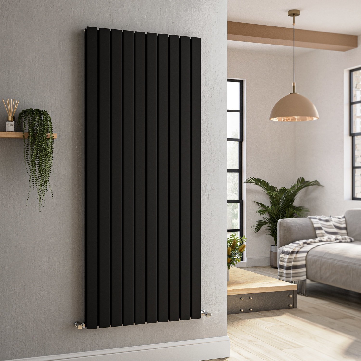 Riace Midnight Black Vertical Flat Designer Radiator 1600x680mm Double ...
