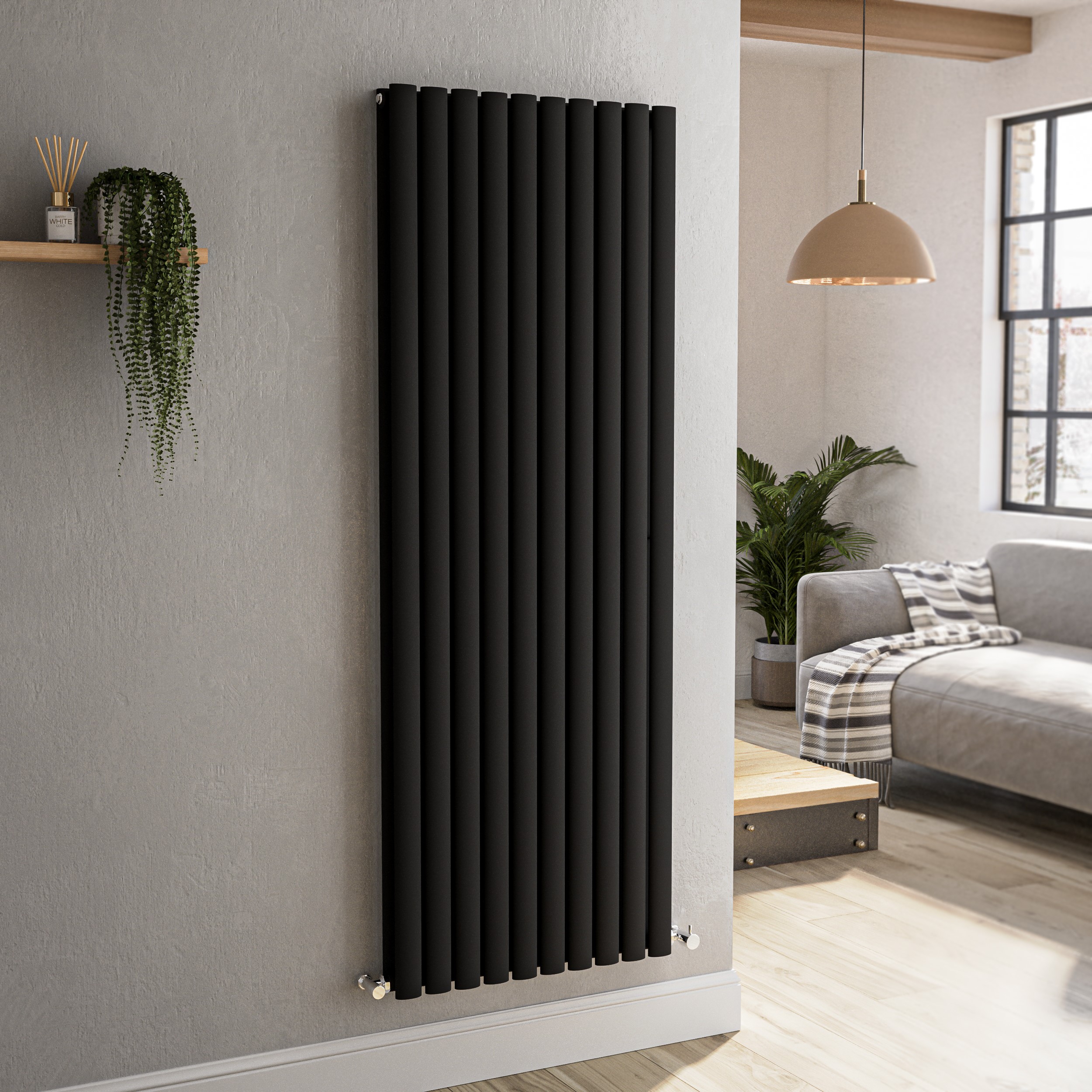 Sorrento Midnight Black Vertical Oval Designer Radiator 1600X590mm Double Panel 5585 Btu