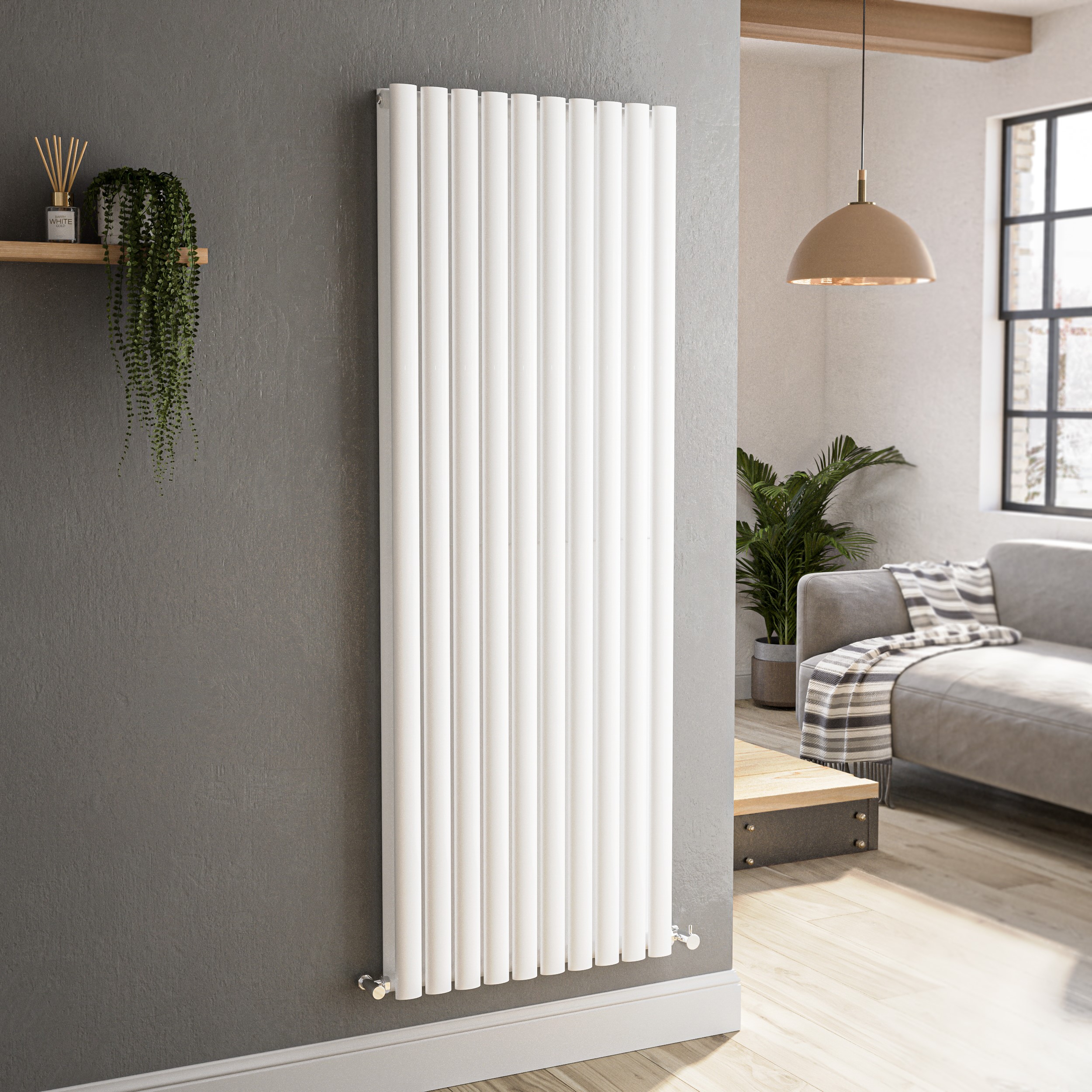 Sorrento White Vertical Oval Designer Radiator 1600X590mm Double Panel 5585 Btu