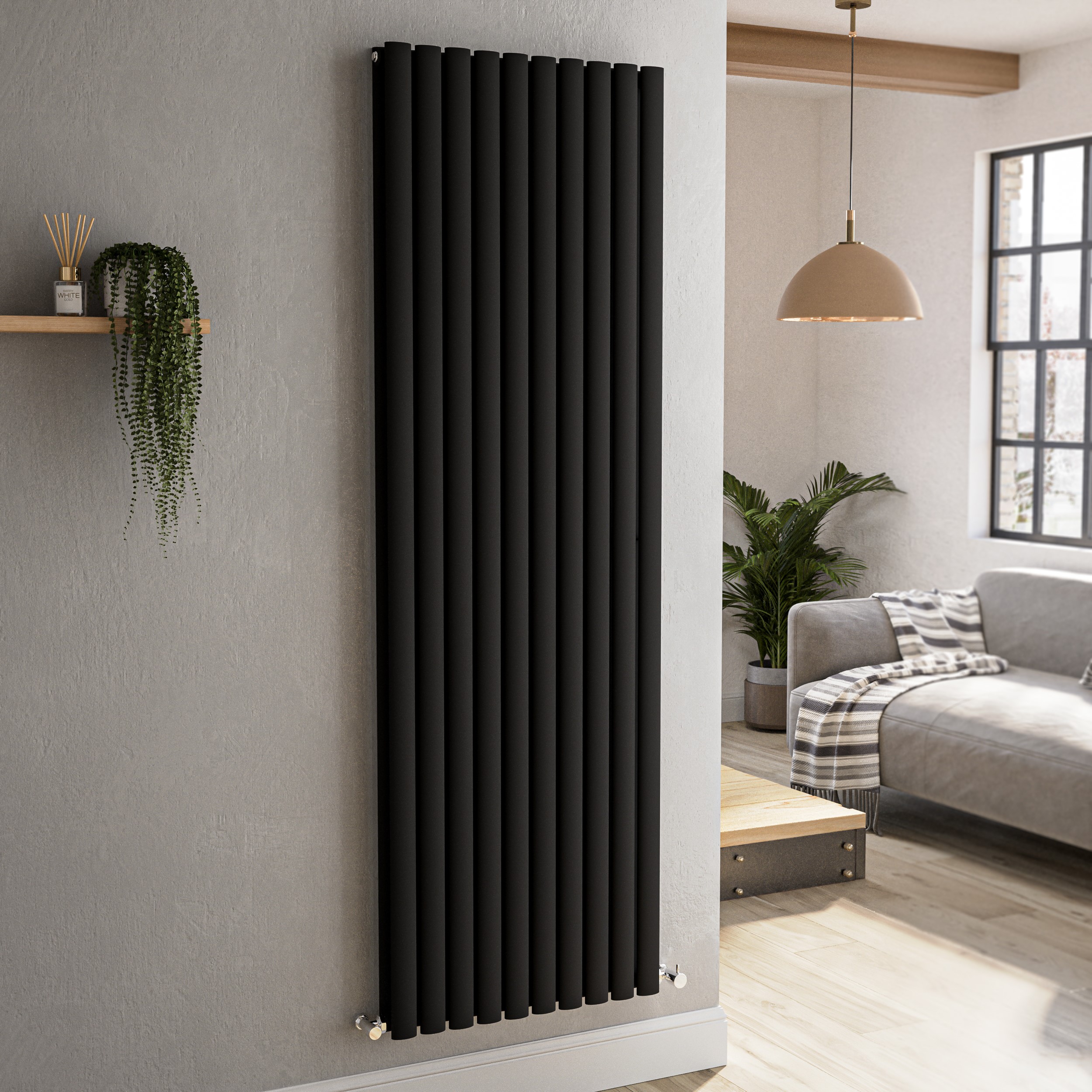 Sorrento Midnight Black Vertical Oval Designer Radiator 1800X590mm Double Panel 6229 Btu Large