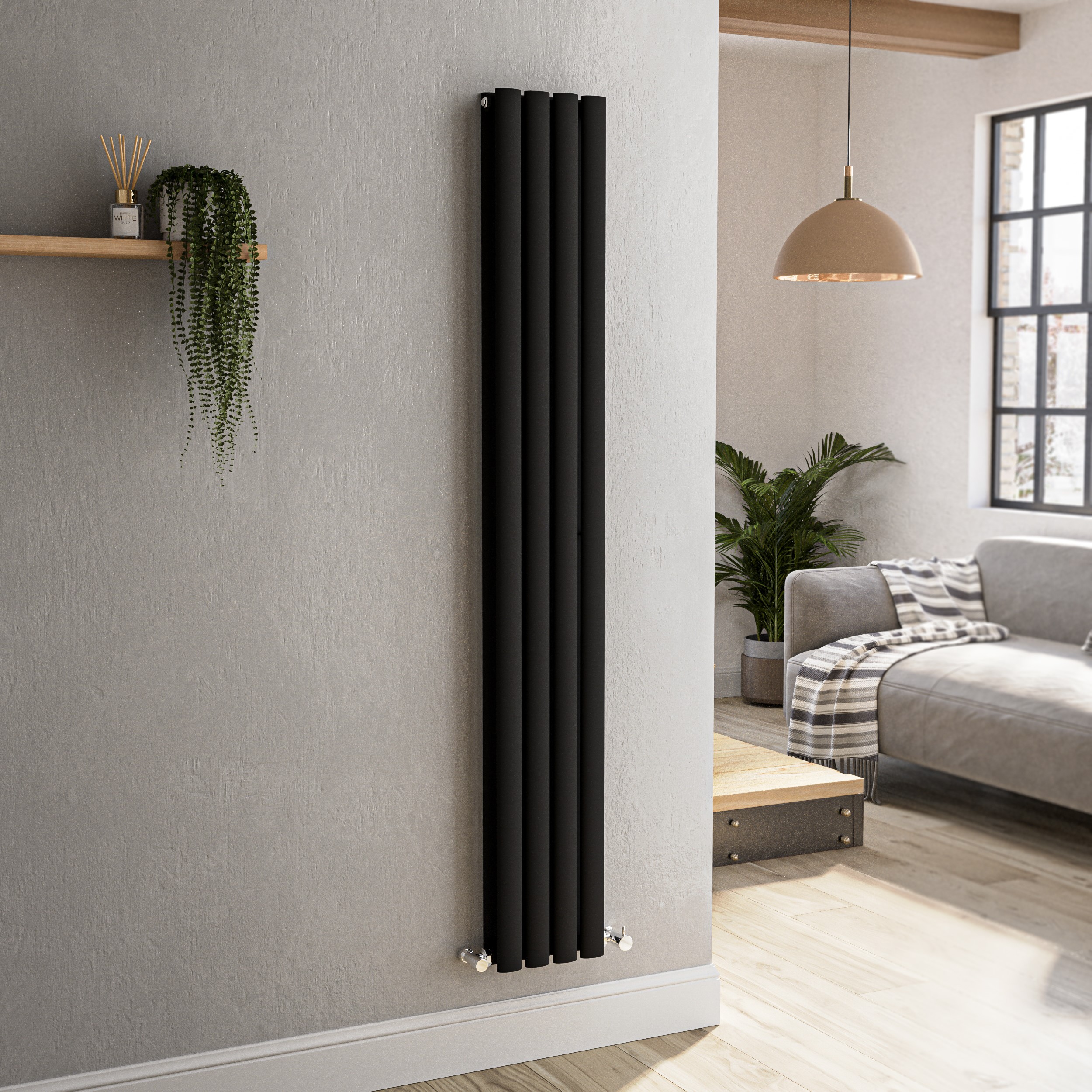 Sorrento Midnight Black Vertical Oval Designer Radiator 1600X236mm Double Panel 2234 Btu