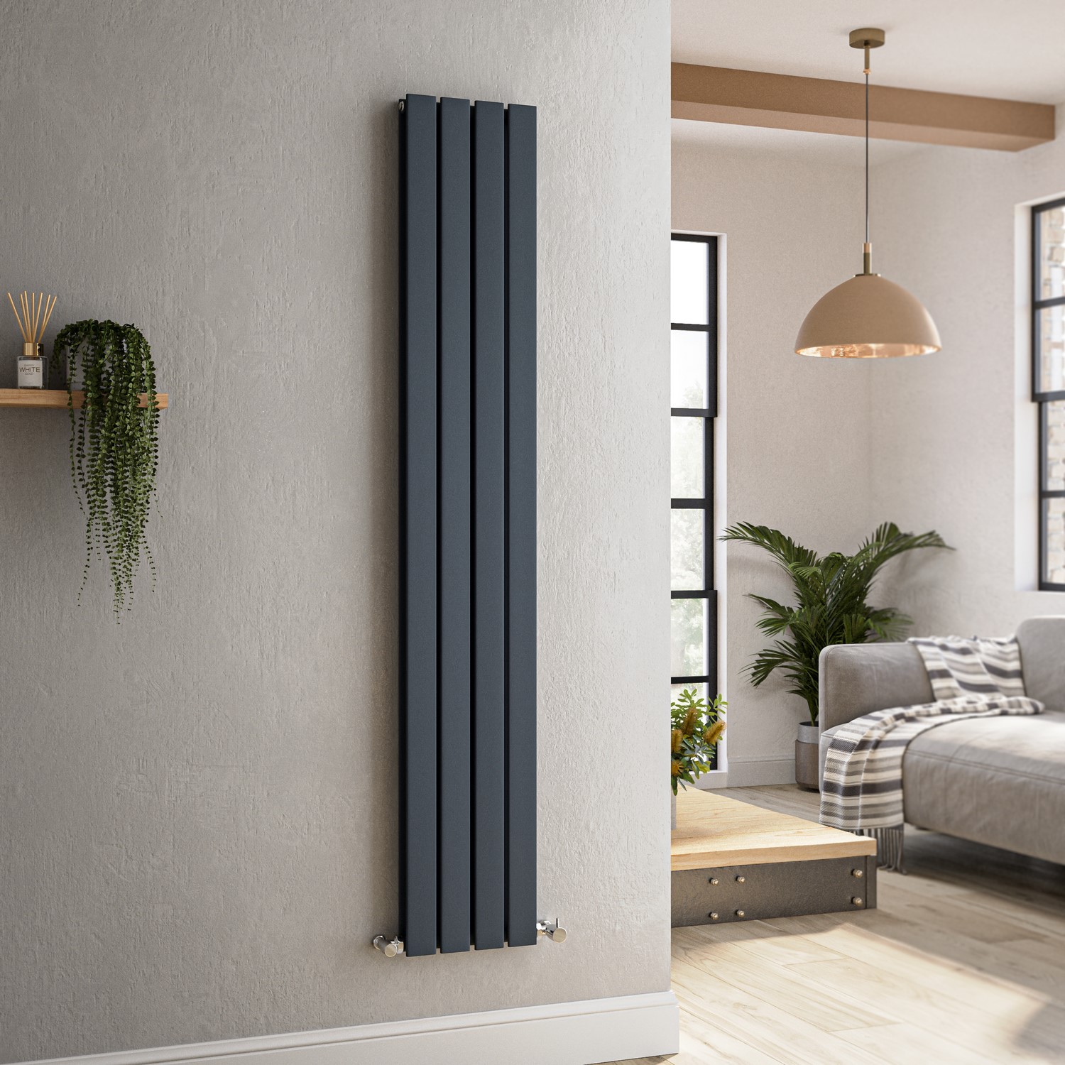 Riace Anthracite Vertical Flat Designer Radiator 1600X272mm Double Panel 2458 Btu