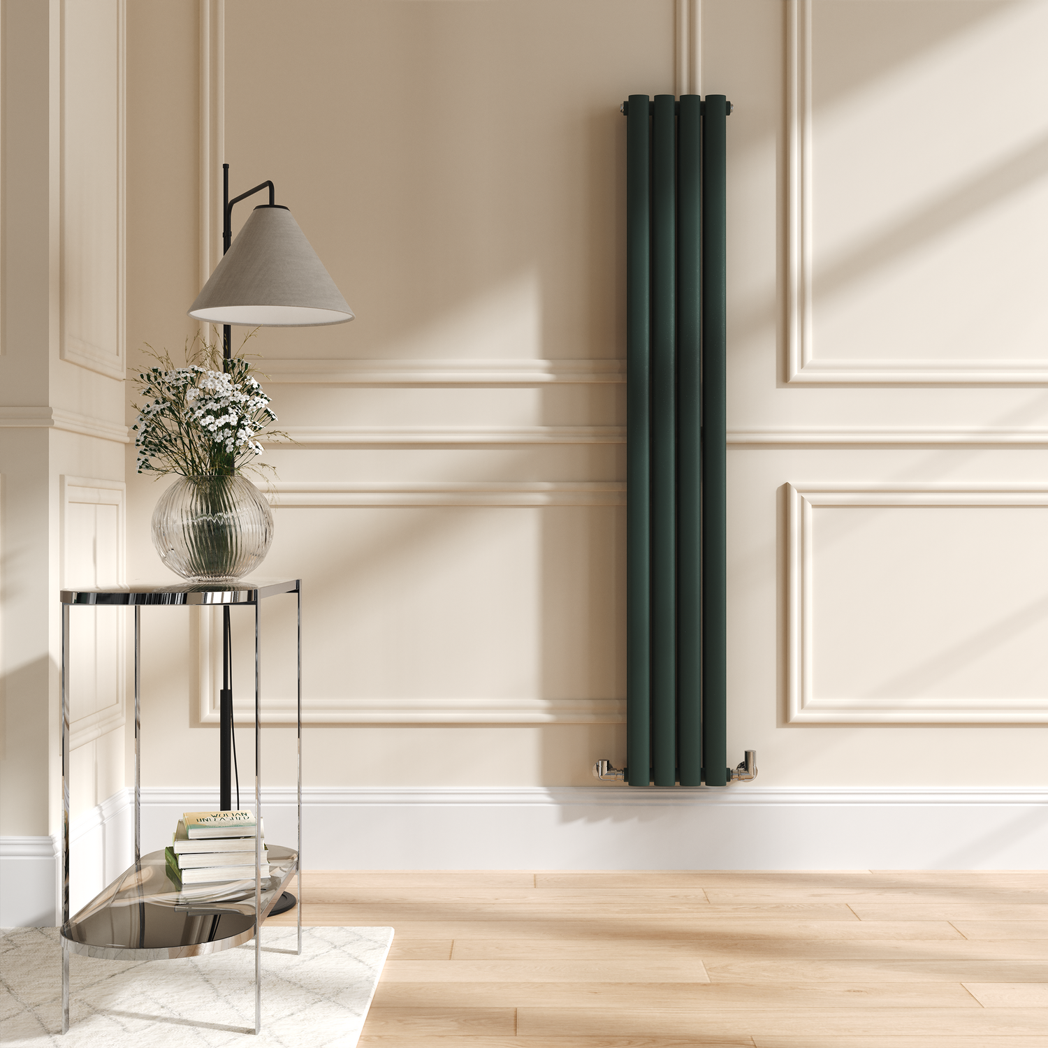 Sorrento Green Ever Vertical Oval Designer Radiator 1600X236mm Double Panel 2234 Btu