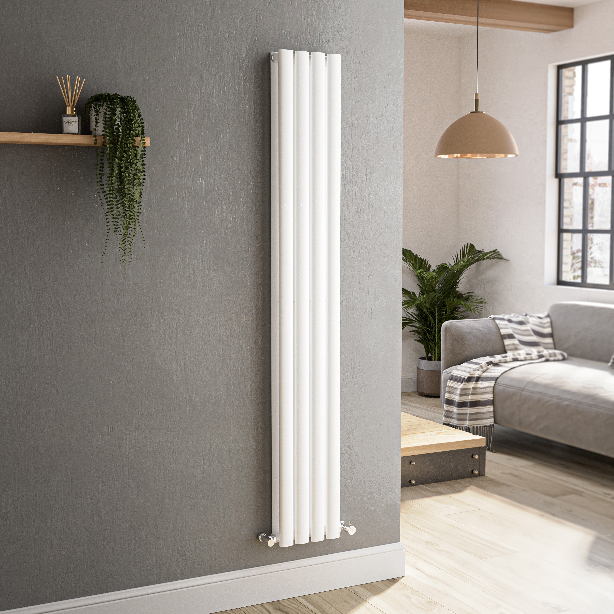 Sorrento White Vertical Oval Designer Radiator 1600X236mm Double Panel 2234 Btu