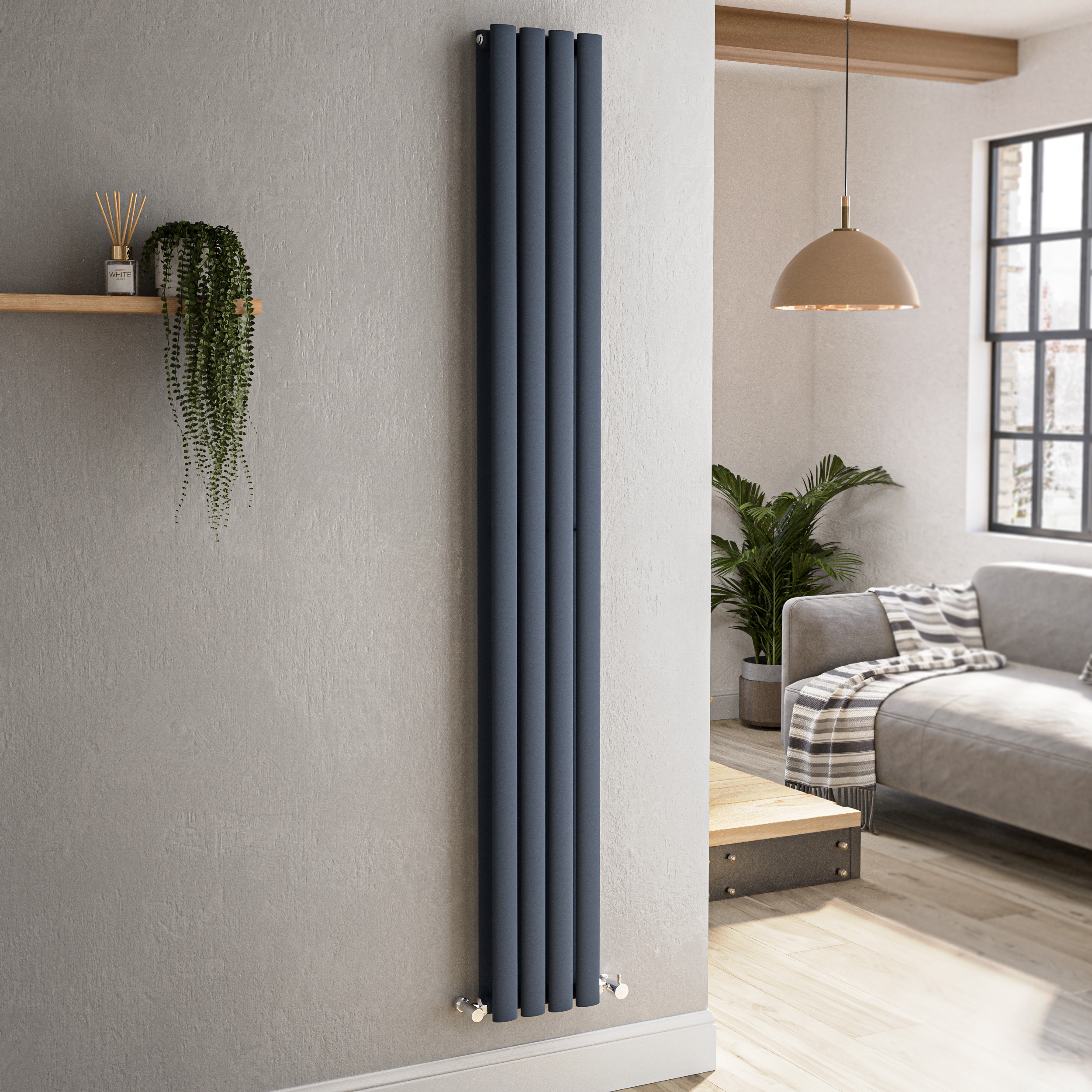Sorrento Anthracite Vertical Oval Designer Radiator 1800X236mm Double Panel 2491 Btu